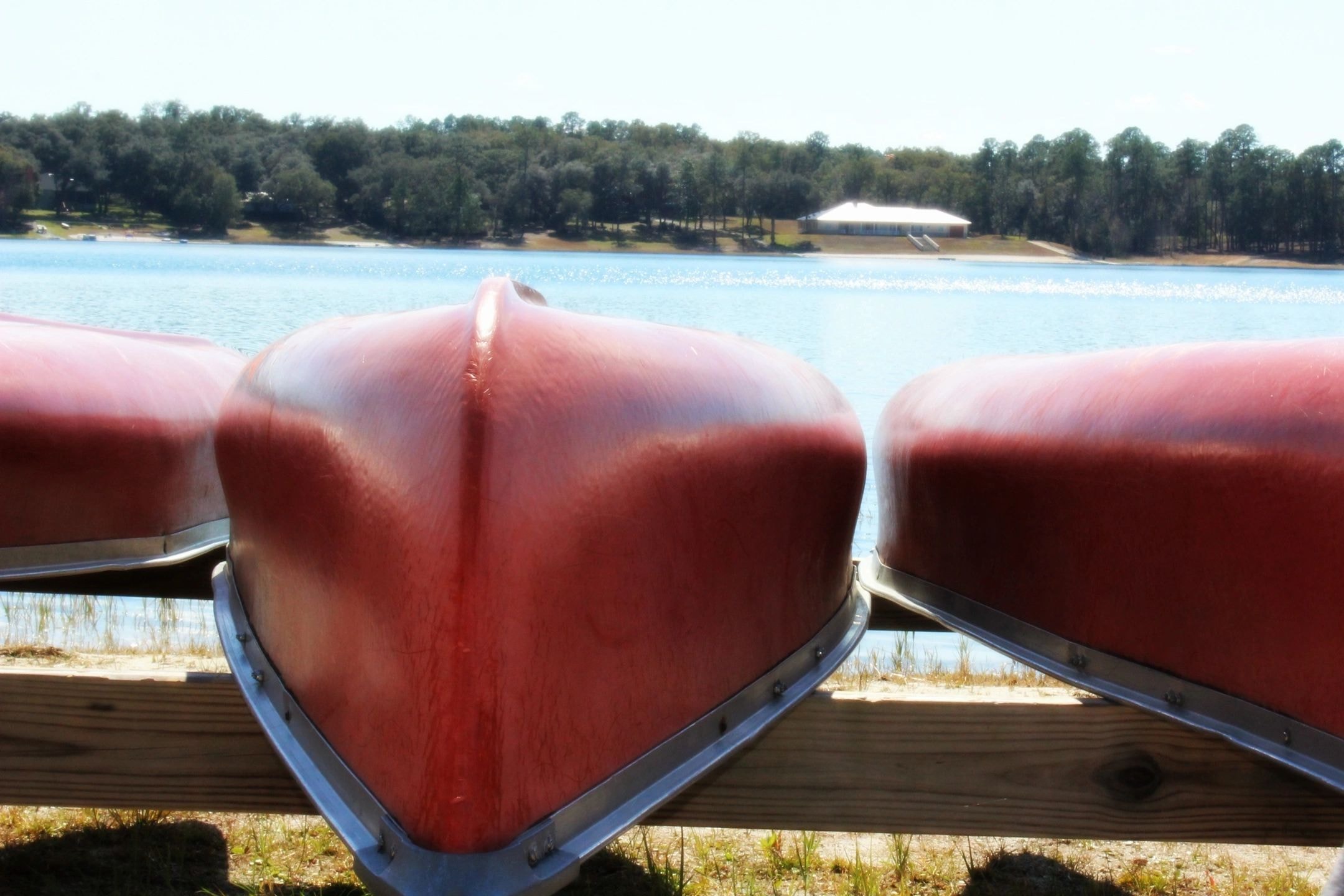 Red kayaks lined up on a dock at Percy Priest Lake